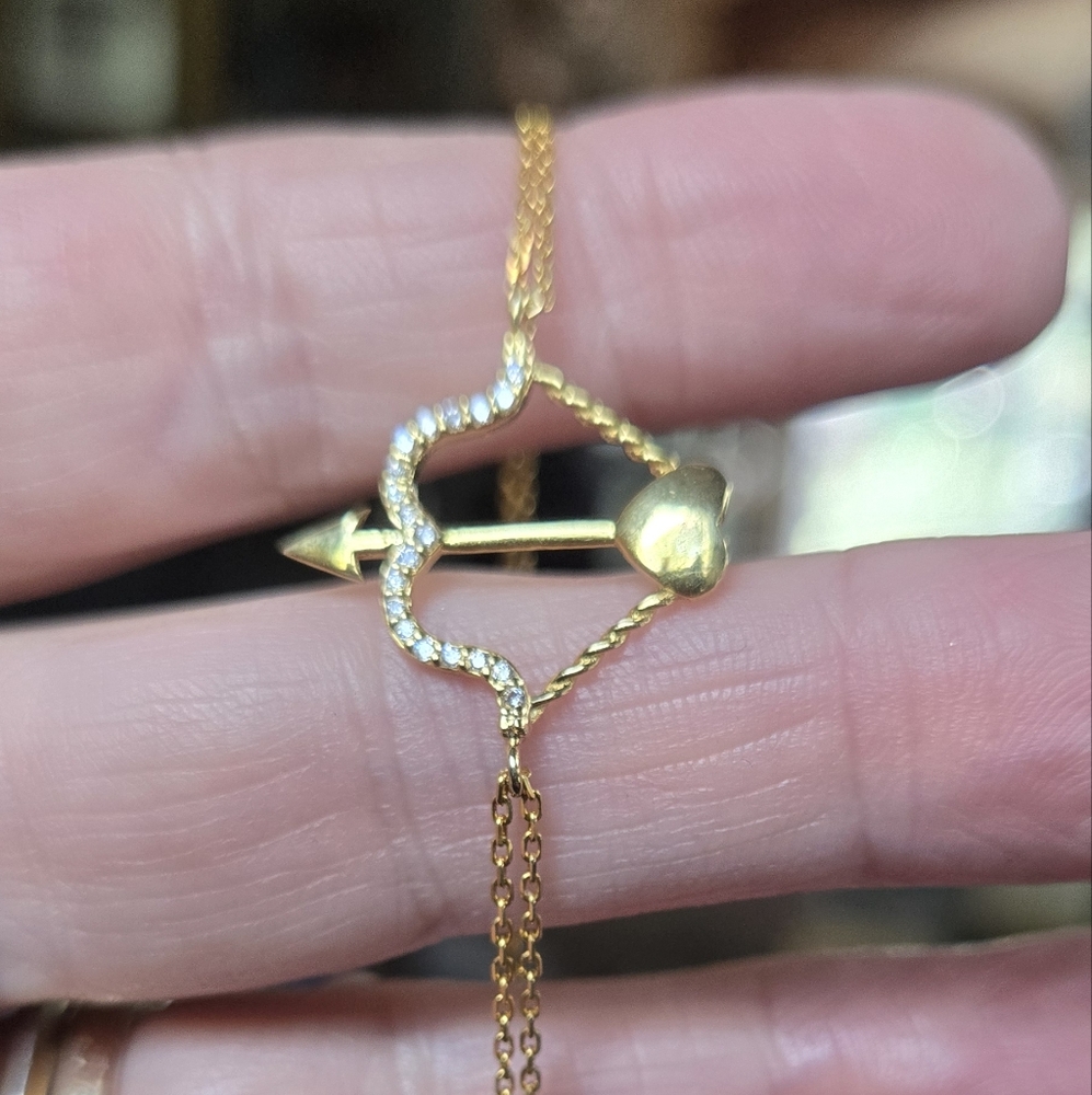 White Sapphire Sterling & Gold Arrow Heart Bracelet 14" - Picture 4 of 9